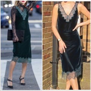 ❤️NWT ZARA DARK GREEN LONG VELVET DRESS WITH LACE